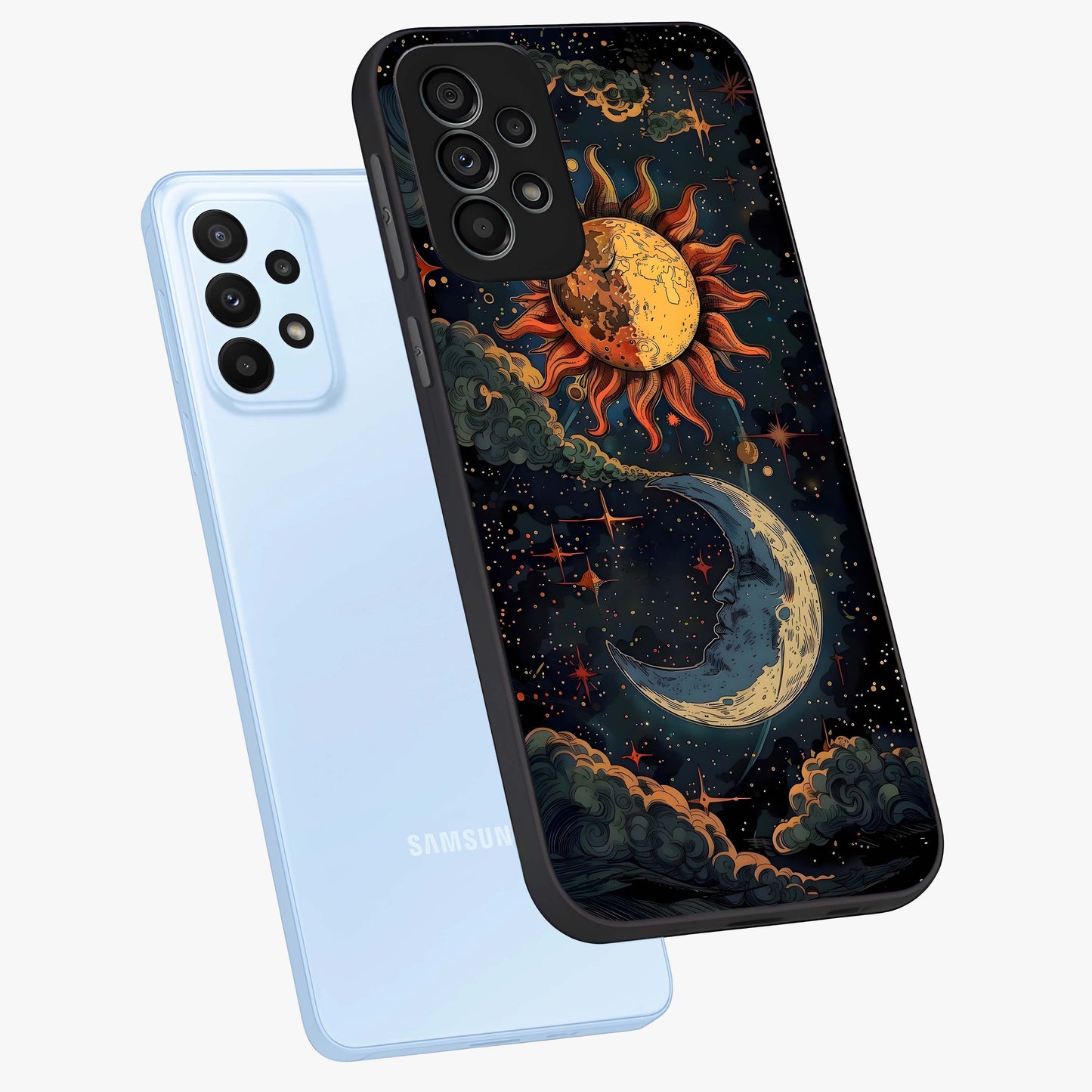 Sun And Moon Magic Design Glass Case displayed in angled mockup highlighting celestial design with magical cosmic aesthetic.