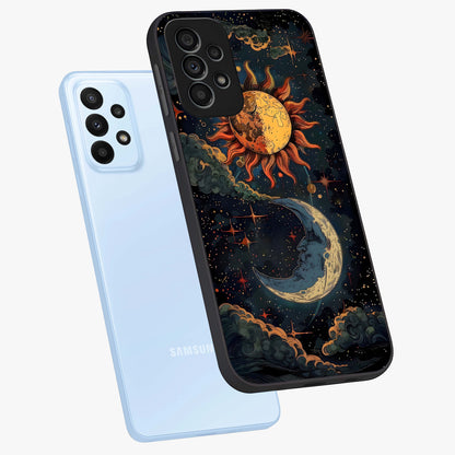 Sun And Moon Magic Design Glass Case displayed in angled mockup highlighting celestial design with magical cosmic aesthetic.