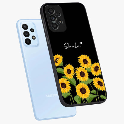 Sunflower Chic Mood Custom Name Glass Case displayed in angled mockup highlighting vibrant sunflower design with custom name feature.