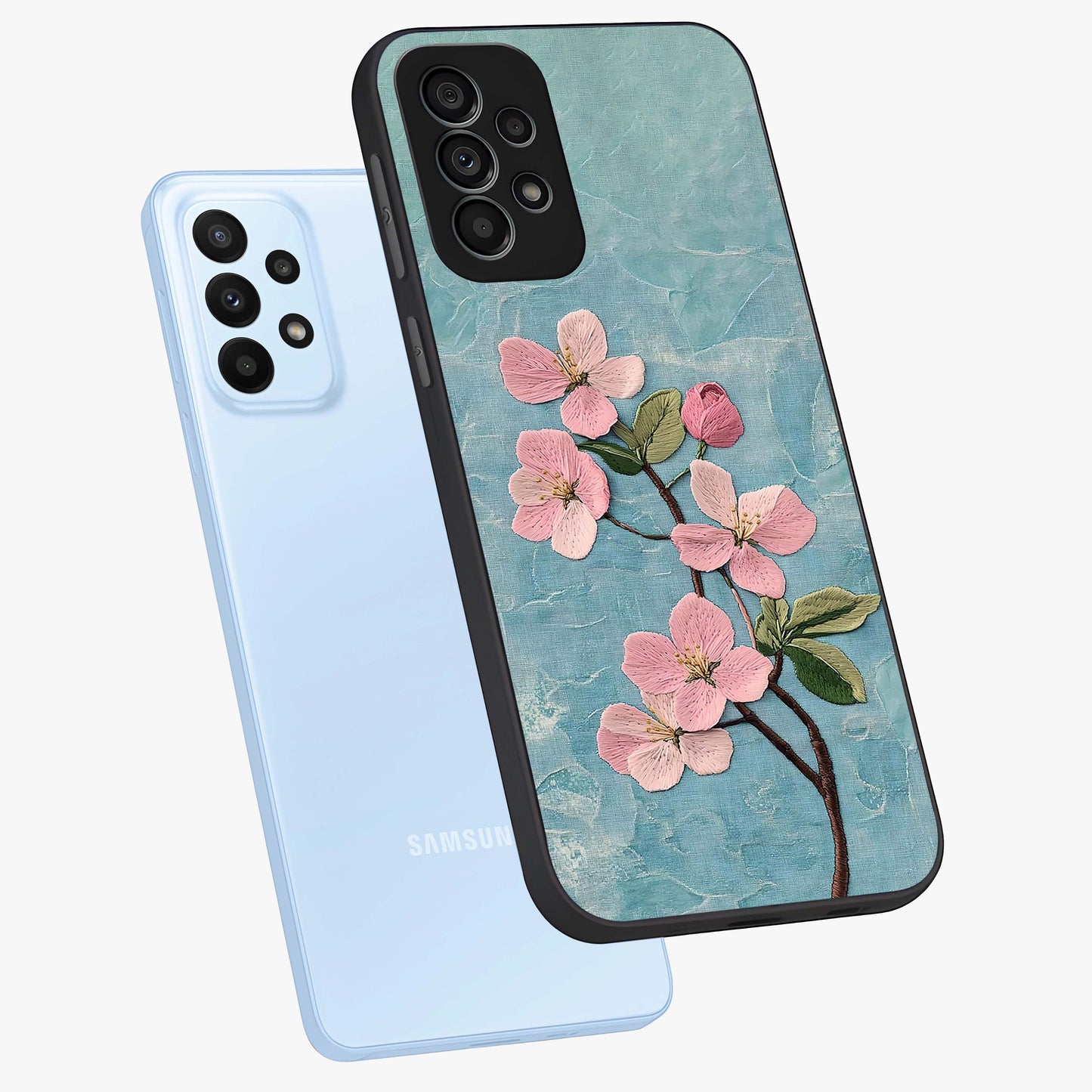 Threaded Blossom Breeze Glass Case displayed in angled mockup highlighting elegant floral design with soft aesthetic style.