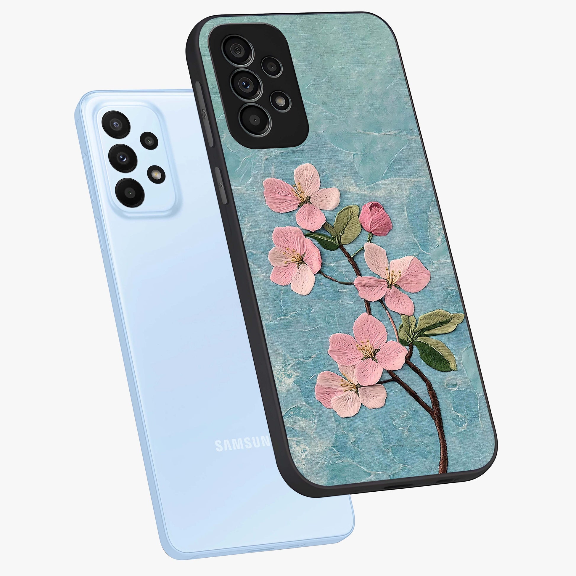 Threaded Blossom Breeze Glass Case displayed in angled mockup highlighting elegant floral design with soft aesthetic style.