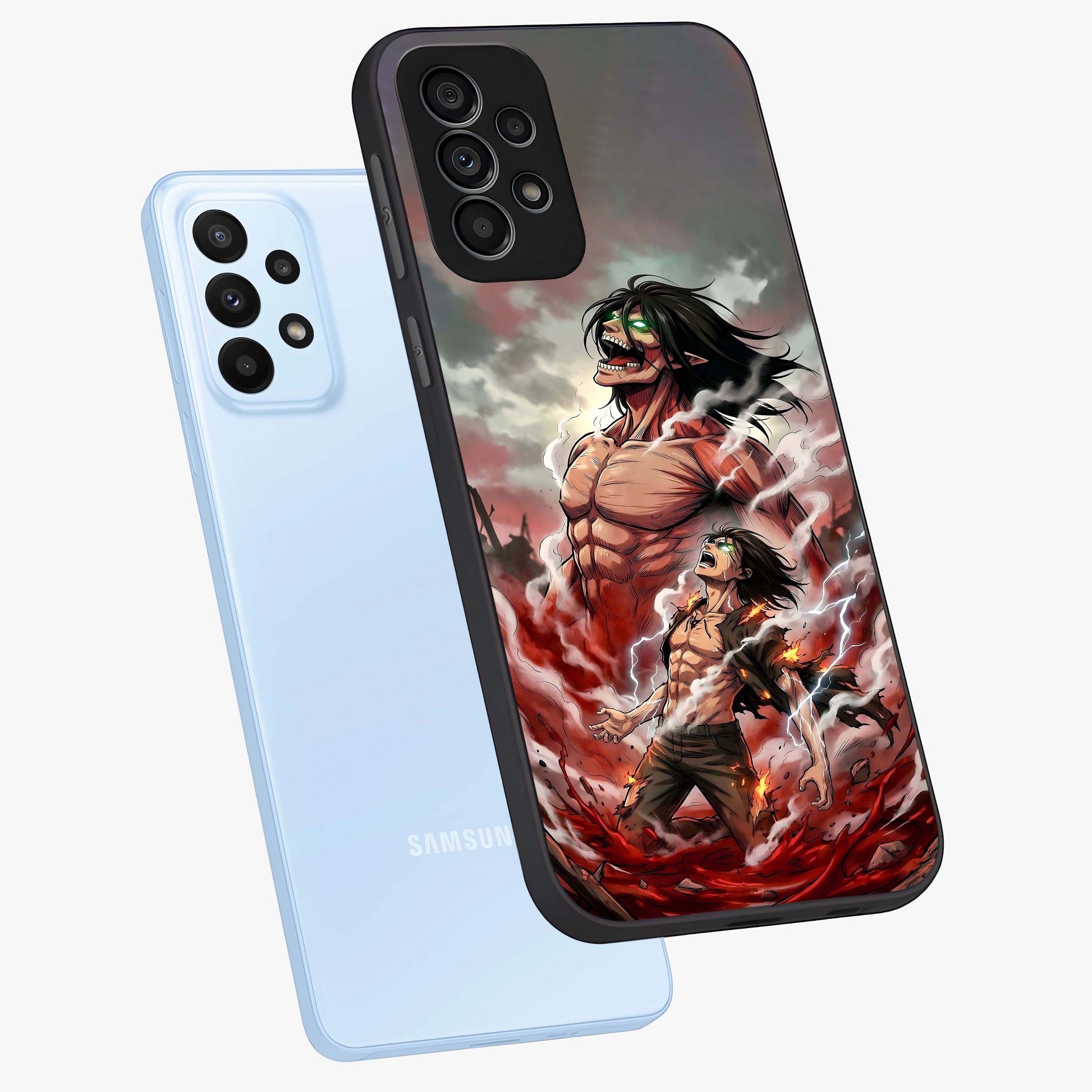 Titan Awakening Fury Glass Case displayed in angled mockup highlighting dramatic giant warrior design with bold anime aesthetic.