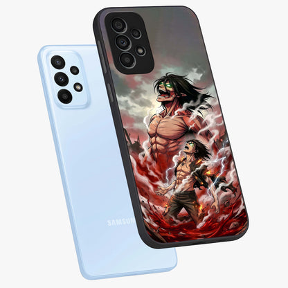 Titan Awakening Fury Glass Case displayed in angled mockup highlighting dramatic giant warrior design with bold anime aesthetic.