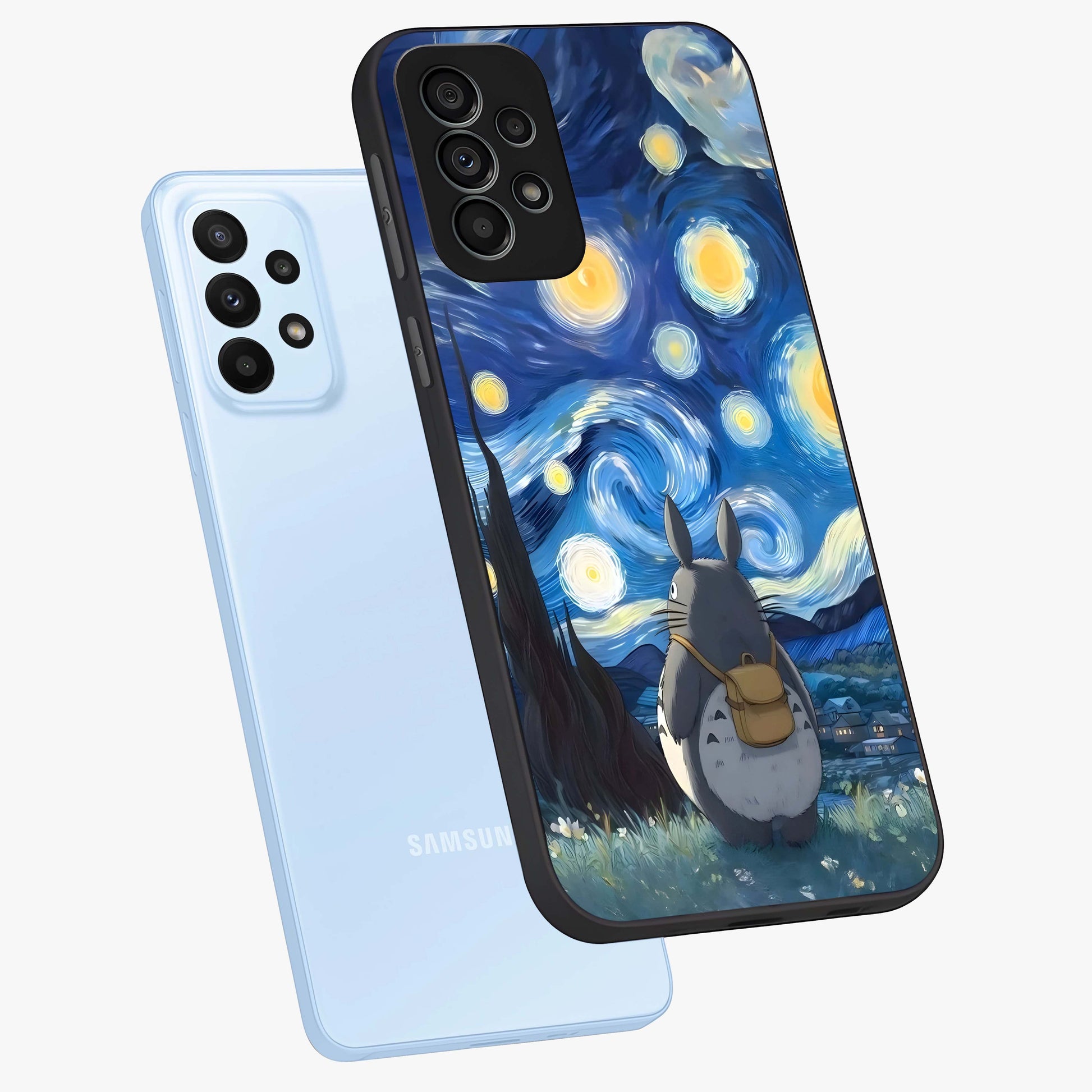 Totoro In Van Gogh Art Glass Case displayed in angled mockup highlighting artistic swirling sky design with playful animation aesthetic.