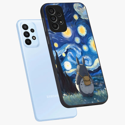 Totoro In Van Gogh Art Glass Case displayed in angled mockup highlighting artistic swirling sky design with playful animation aesthetic.