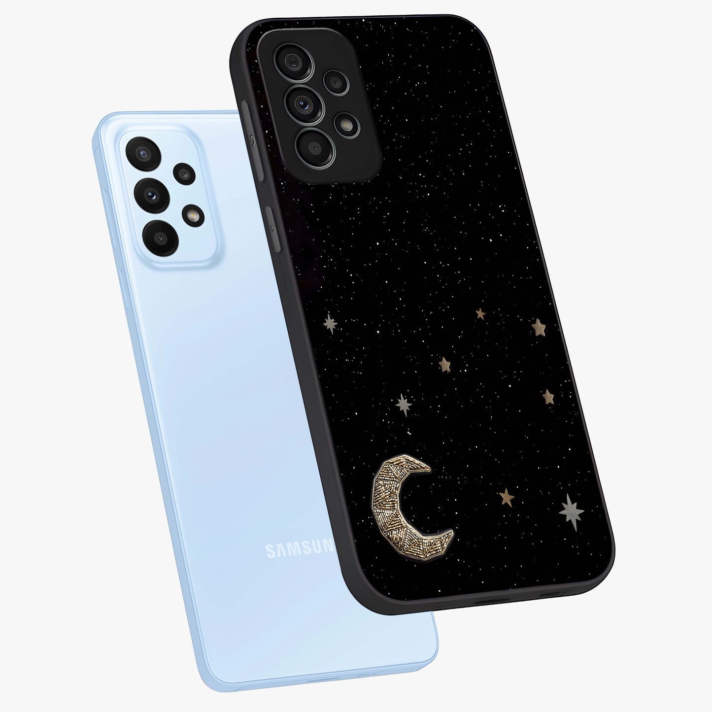 Twinkle Star With Half Moon Glass Case displayed in angled mockup highlighting celestial moon and star design with magical aesthetic.
