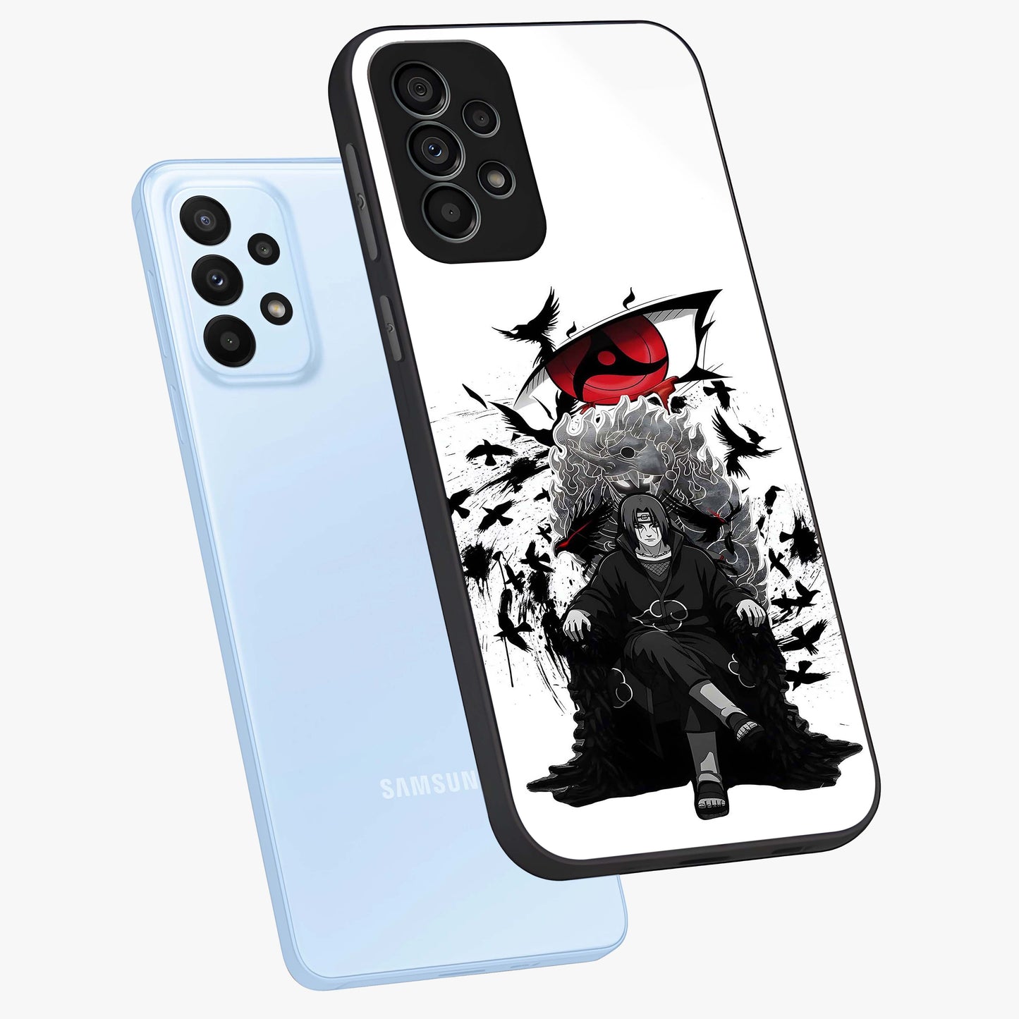 Uchiha Shadow Throne Glass Case displayed in angled mockup highlighting glowing aquatic design with celestial aesthetic.