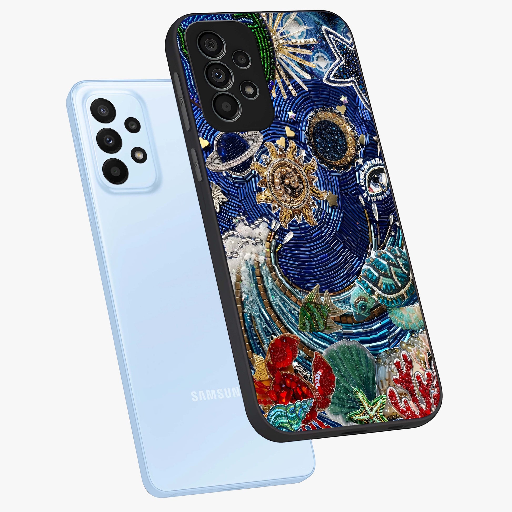 Universe Underwater Spark Glass Case displayed in angled mockup highlighting glowing aquatic design with celestial aesthetic.