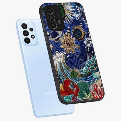 Universe Underwater Spark Glass Case displayed in angled mockup highlighting glowing aquatic design with celestial aesthetic.