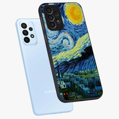 Van Gogh Art Glass Case displayed in angled mockup highlighting swirling brushstroke design with artistic aesthetic.
