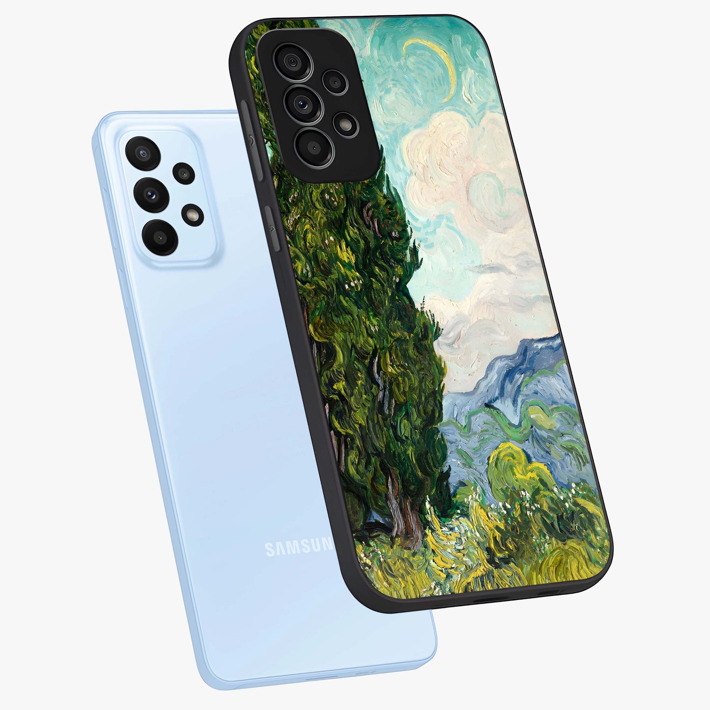 Van Gogh Vintage Art Glass Case displayed in angled mockup highlighting textured brushstroke design with classic aesthetic.