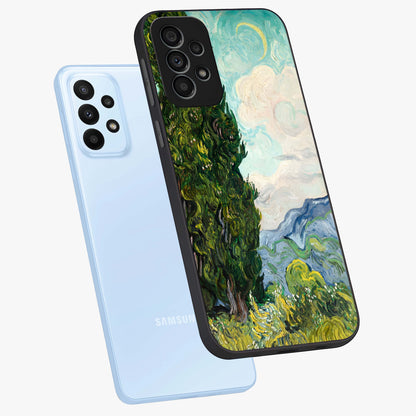 Van Gogh Vintage Art Glass Case displayed in angled mockup highlighting textured brushstroke design with classic aesthetic.