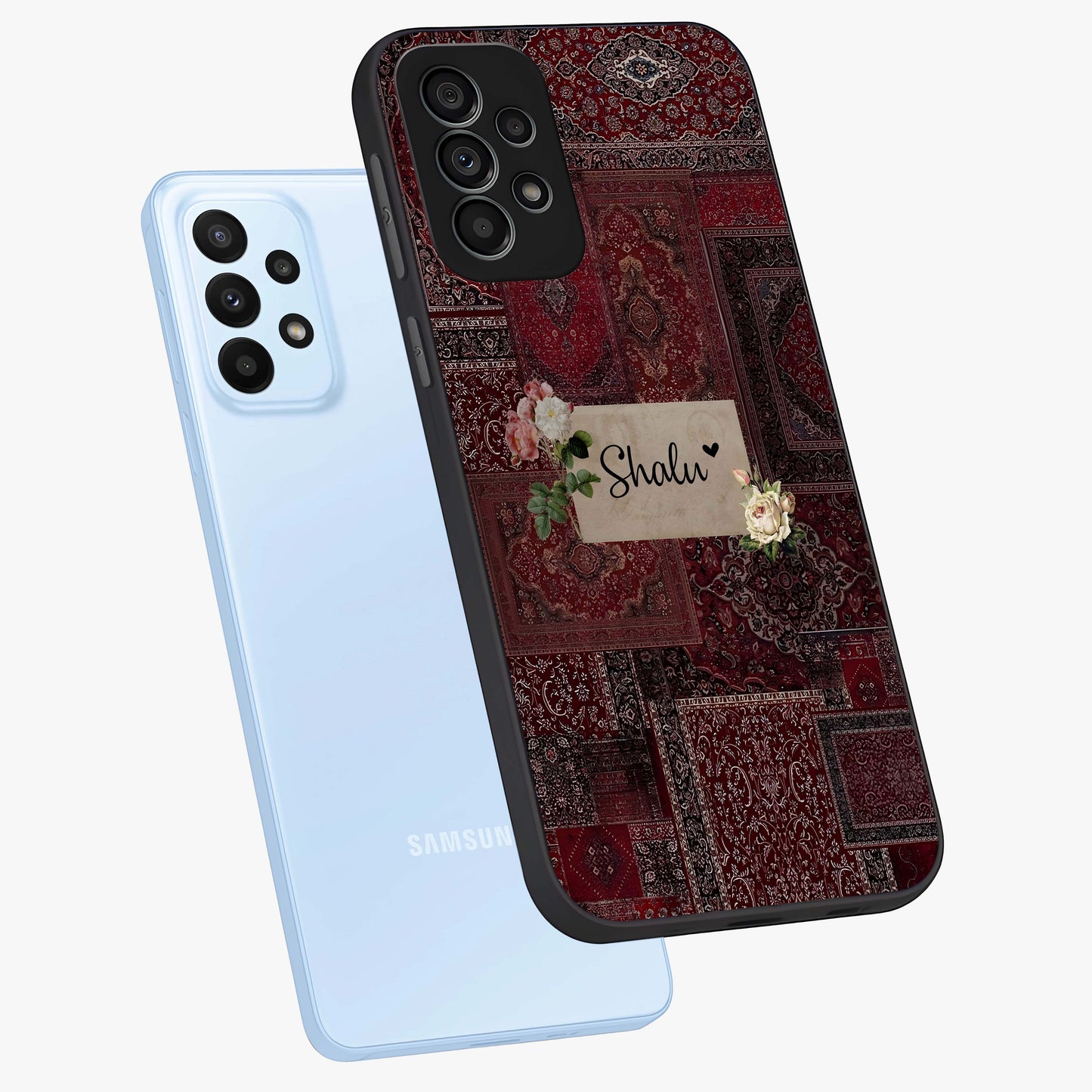 Velvet Wine Pattern Custom Name Glass Case displayed in angled mockup highlighting decorative velvet inspired design with custom name feature.