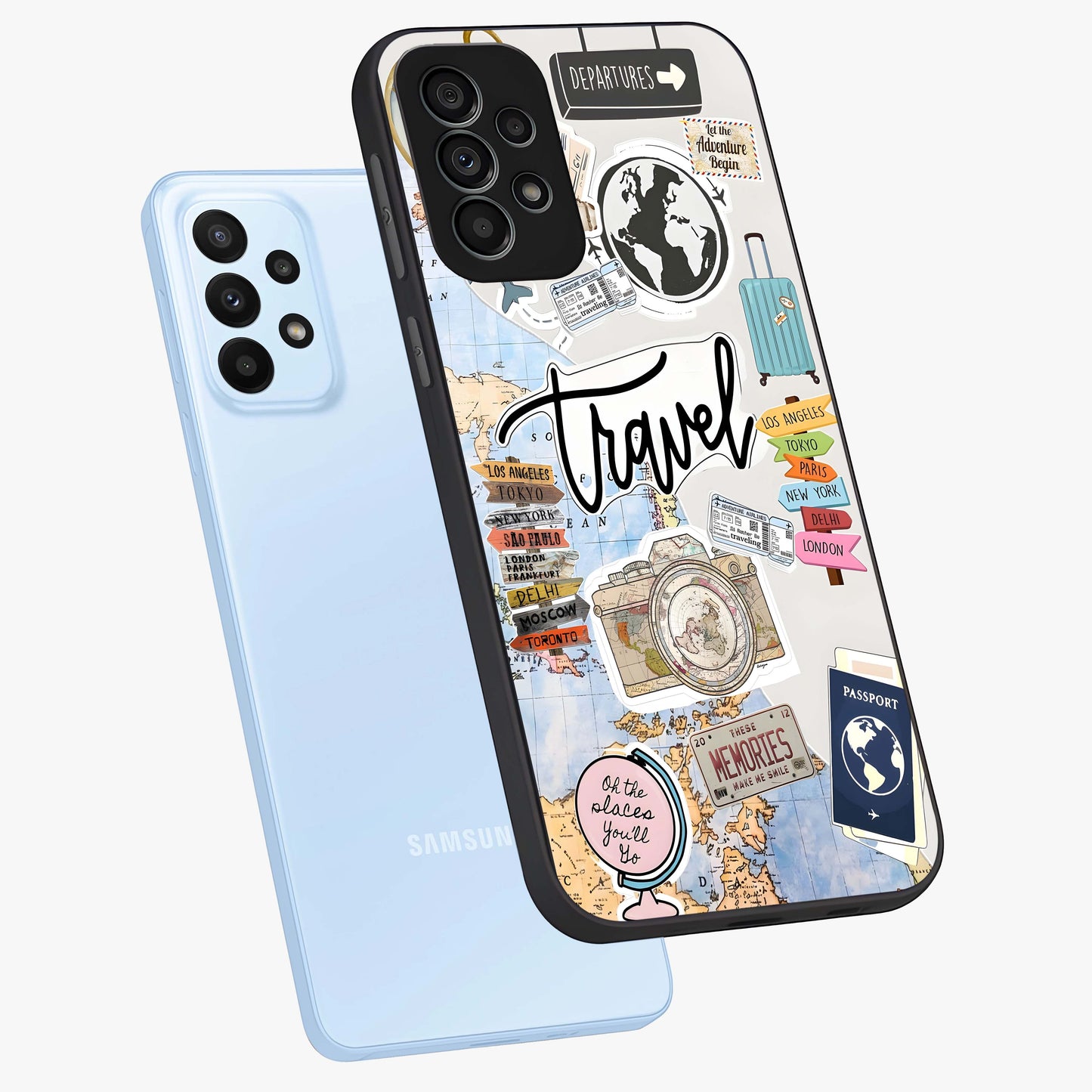 Wanderlust Journal Glass Case displayed in angled mockup highlighting adventure themed design with aesthetic travel vibe.