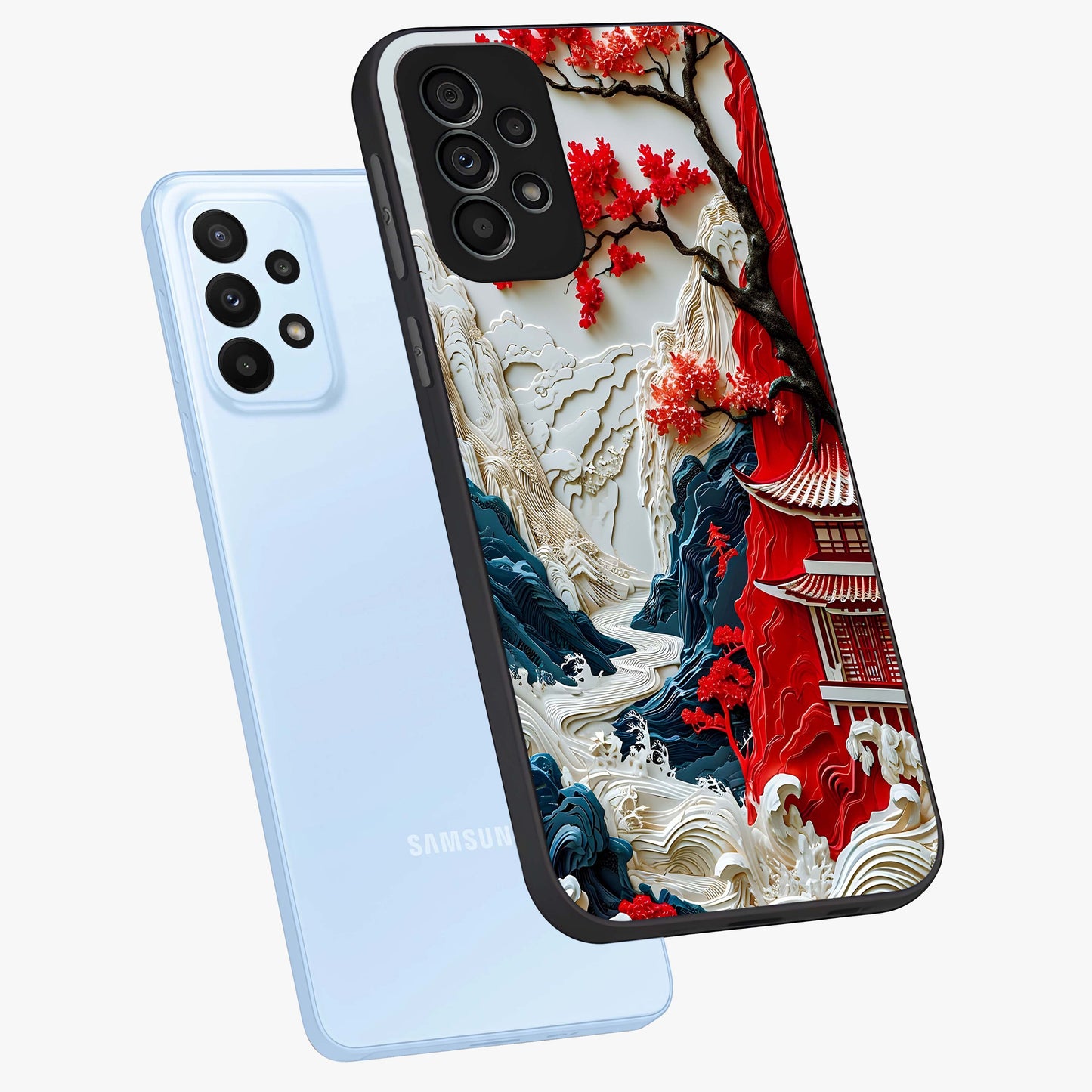 Whispers Of Sakura Waves Glass Case displayed in angled mockup highlighting flowing sakura design with soft floral aesthetic.