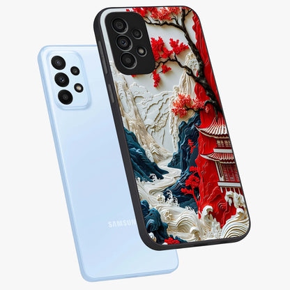 Whispers Of Sakura Waves Glass Case displayed in angled mockup highlighting flowing sakura design with soft floral aesthetic.