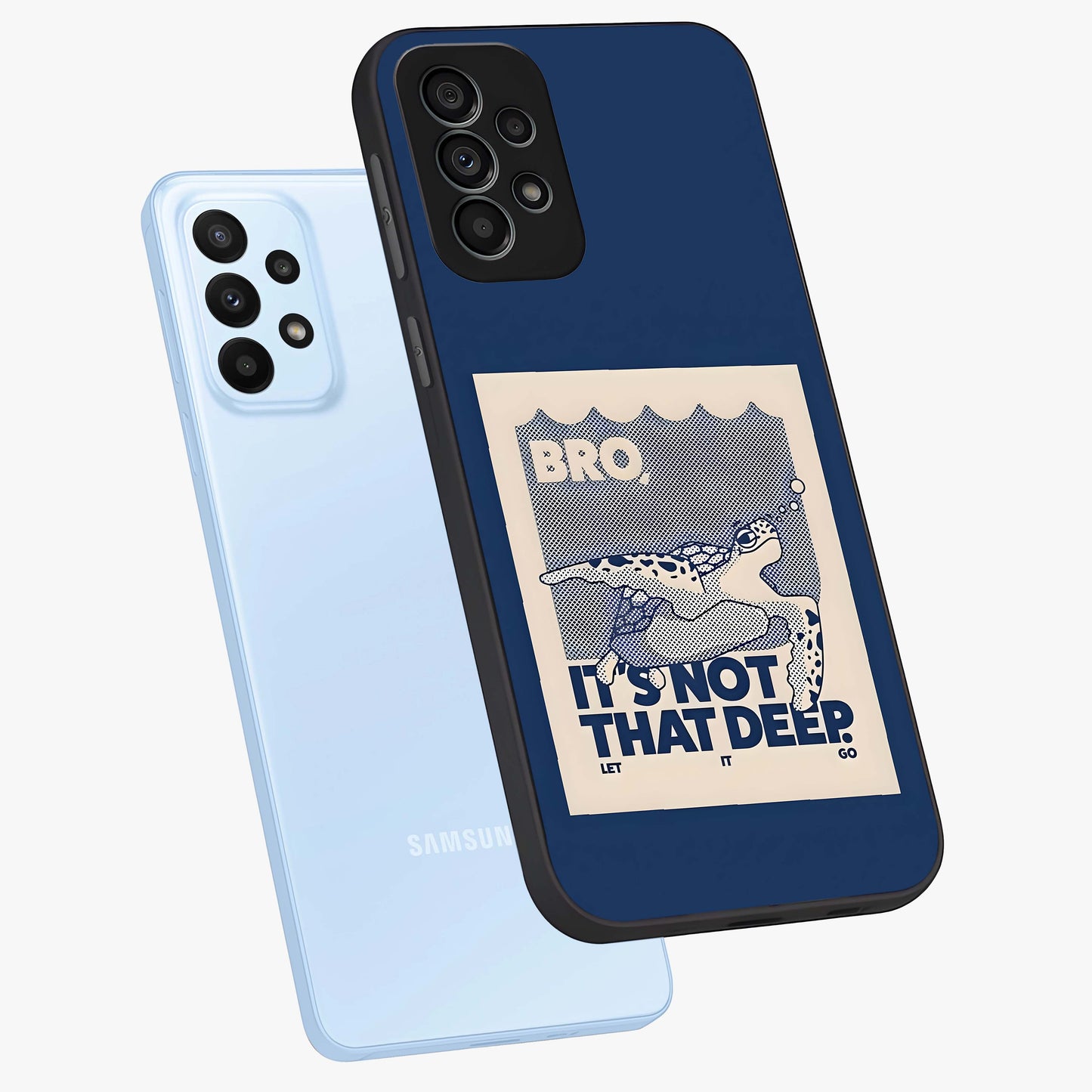 Worry Less Swim Glass Case displayed in angled mockup highlighting fun typography design with relaxed aesthetic style.