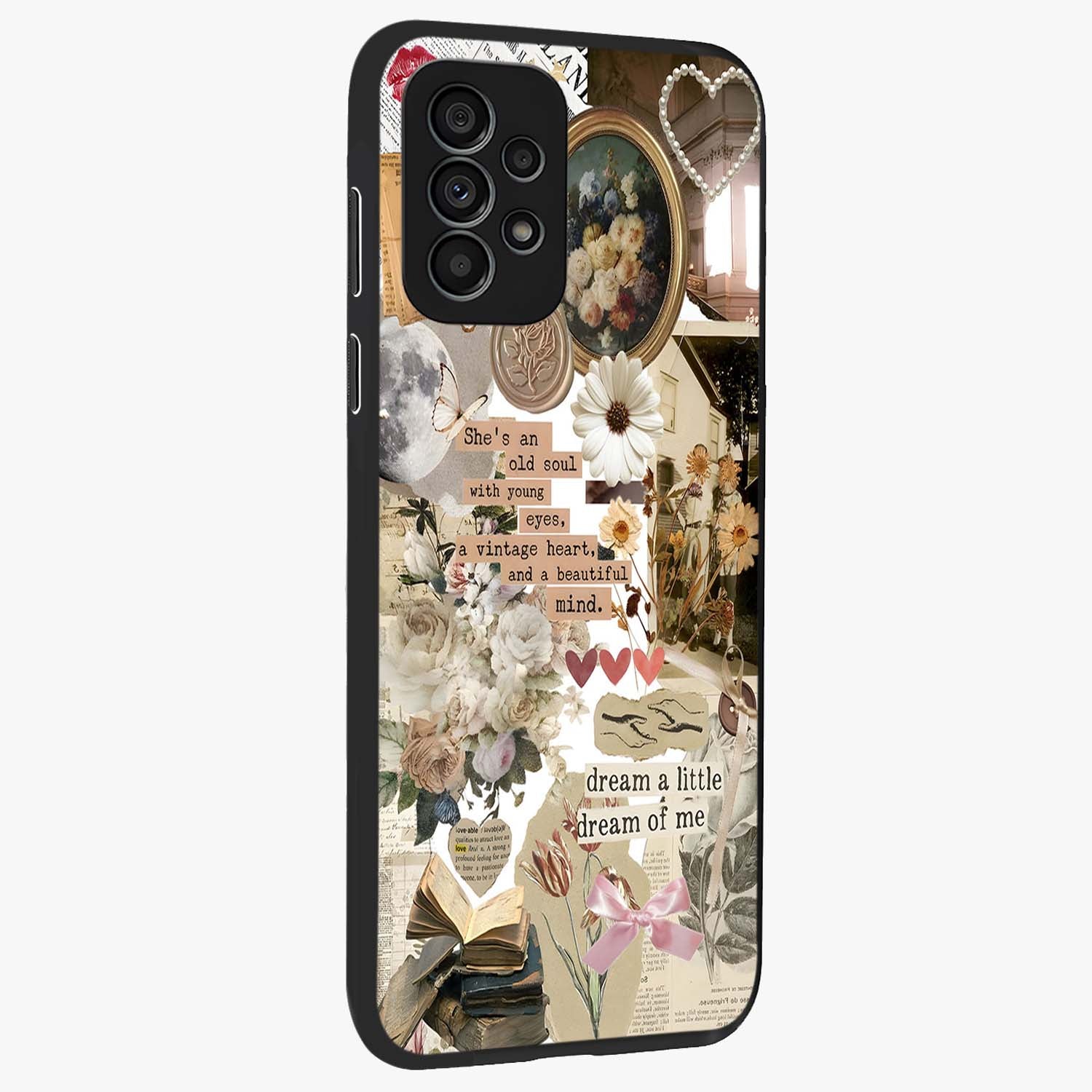 Aesthetic Brown Vintage Collage Glass Case upright view showcasing nostalgic retro artwork with stylish vintage theme.