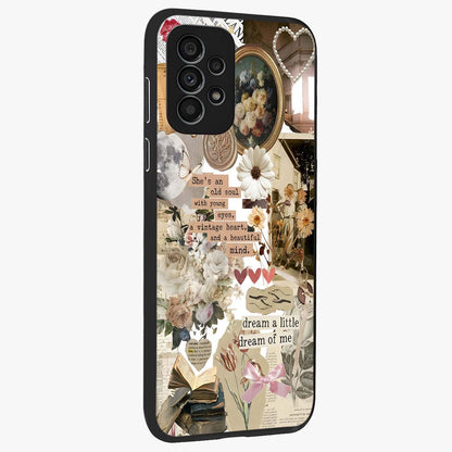 Aesthetic Brown Vintage Collage Glass Case upright view showcasing nostalgic retro artwork with stylish vintage theme.