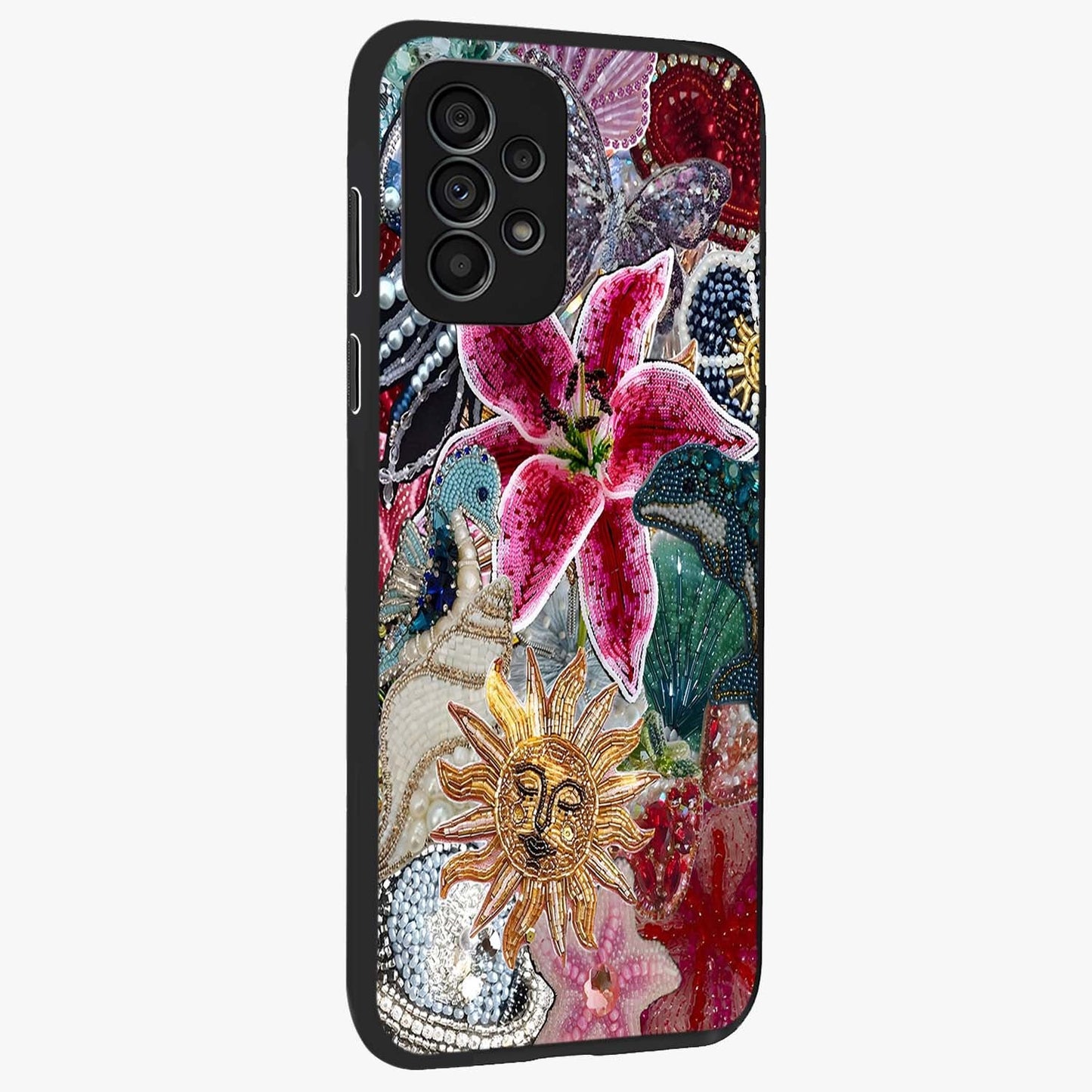 Beaded Garden Fantasy Glass Case upright view showcasing whimsical garden aesthetic with artistic bead details.