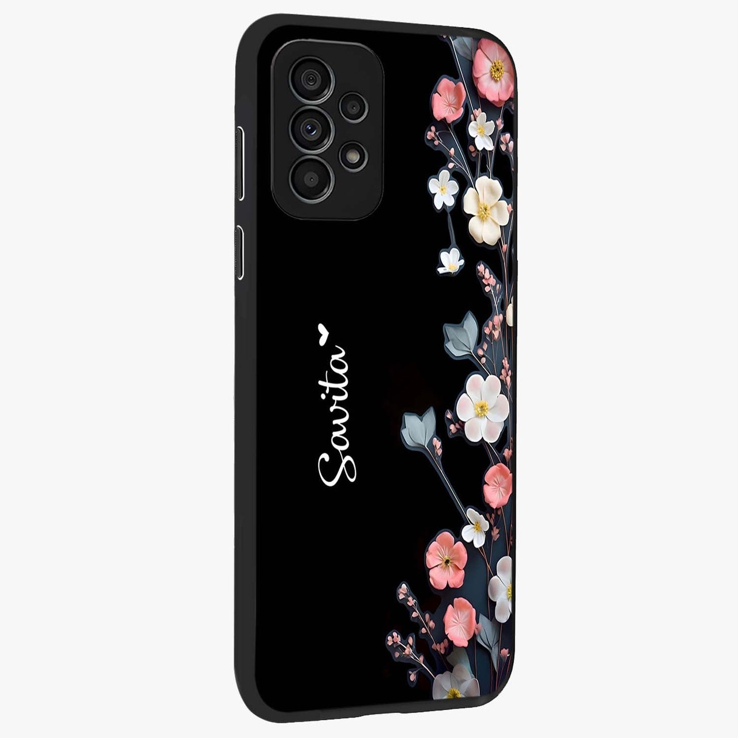 Black Elegance Floral Custom Name Glass Case upright view showcasing luxurious black floral design with personalized name detail.