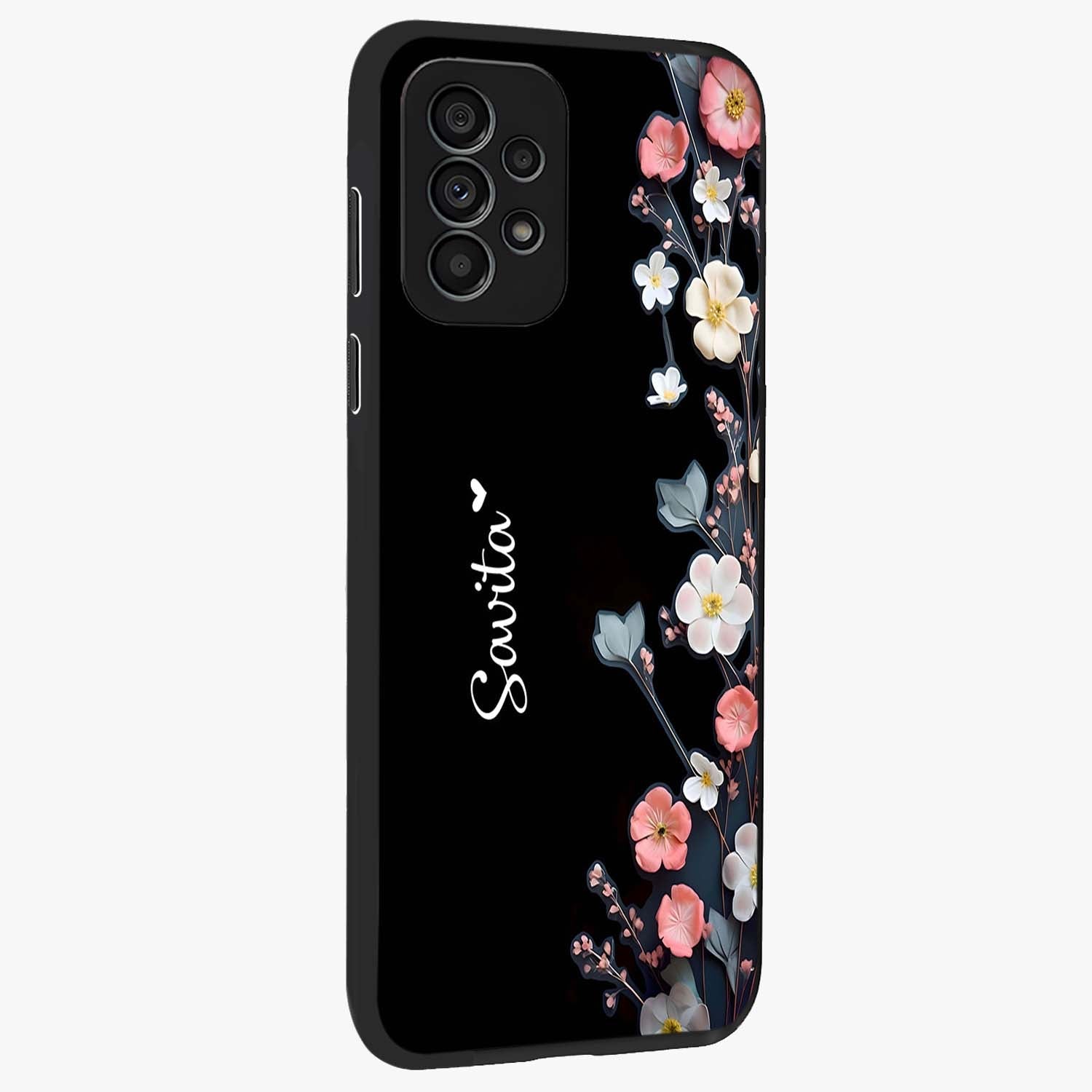 Black Elegance Floral Custom Name Glass Case upright view showcasing luxurious black floral design with personalized name detail.