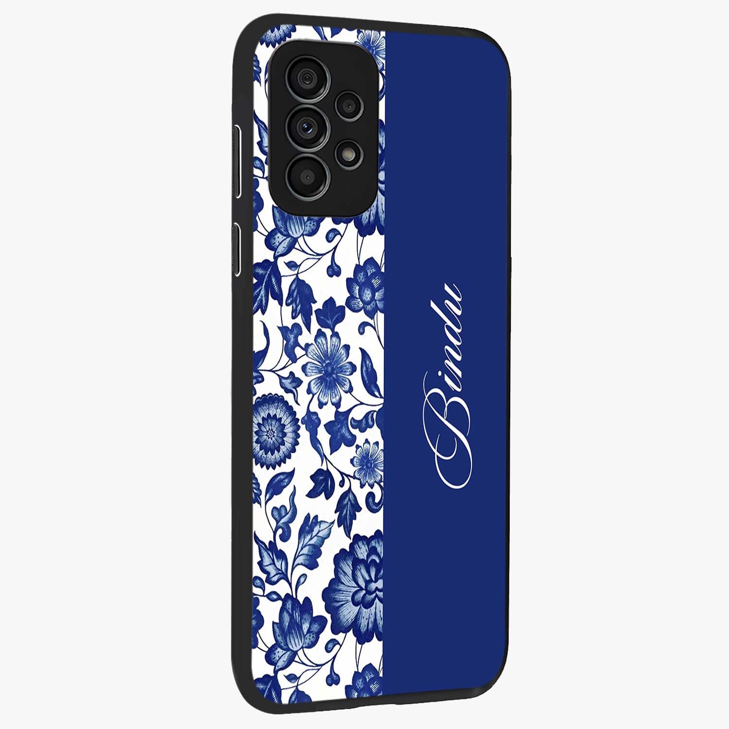 Blue Vintage Floral Pattern Glass Case upright view showcasing delicate blush floral texture with modern minimal style.