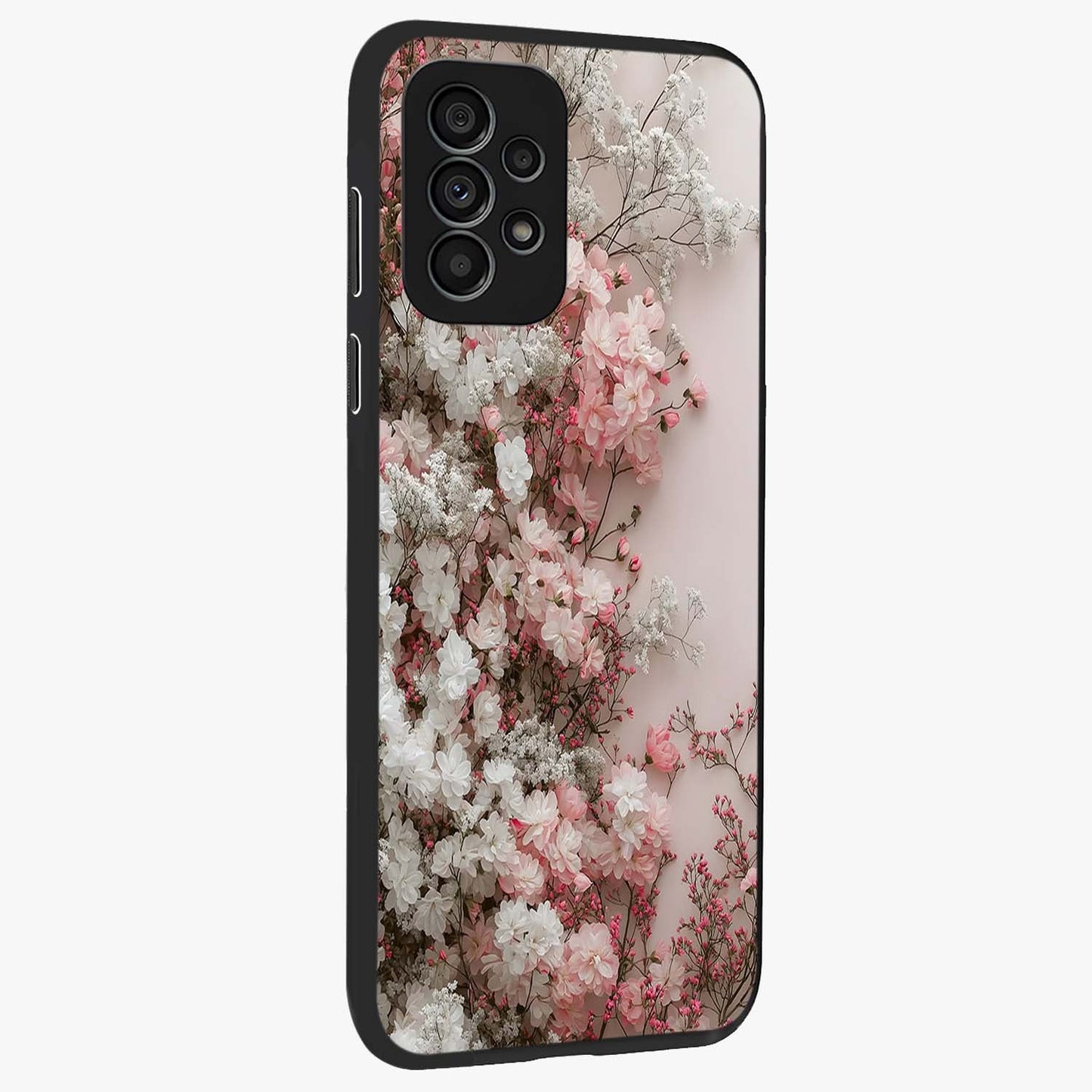 Blush Blossom Cloud Glass Case upright view showcasing calm floral cloud artwork with gentle dreamy theme.