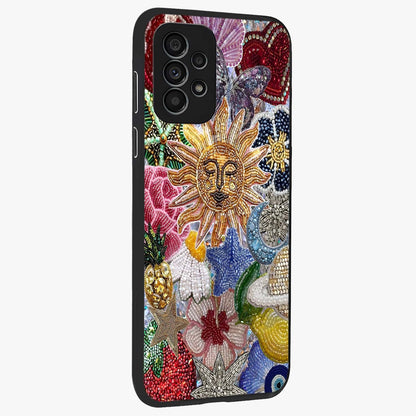 Celestial Floral and Playful Glass Case upright view showcasing whimsical floral artwork with cosmic aesthetic theme.
