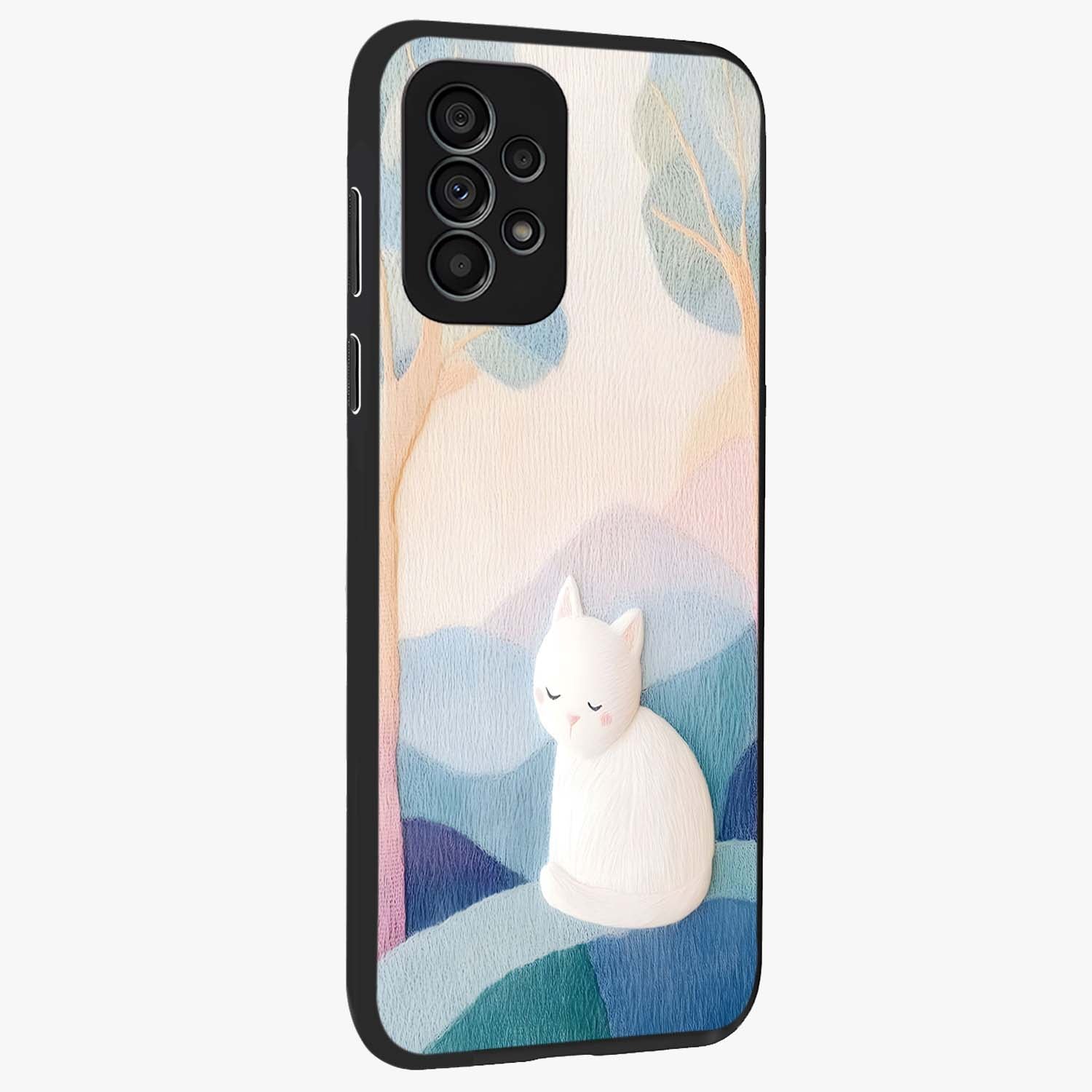 Cotton Dream Cat Glass Case upright view showcasing charming cat artwork with cozy dreamy theme.