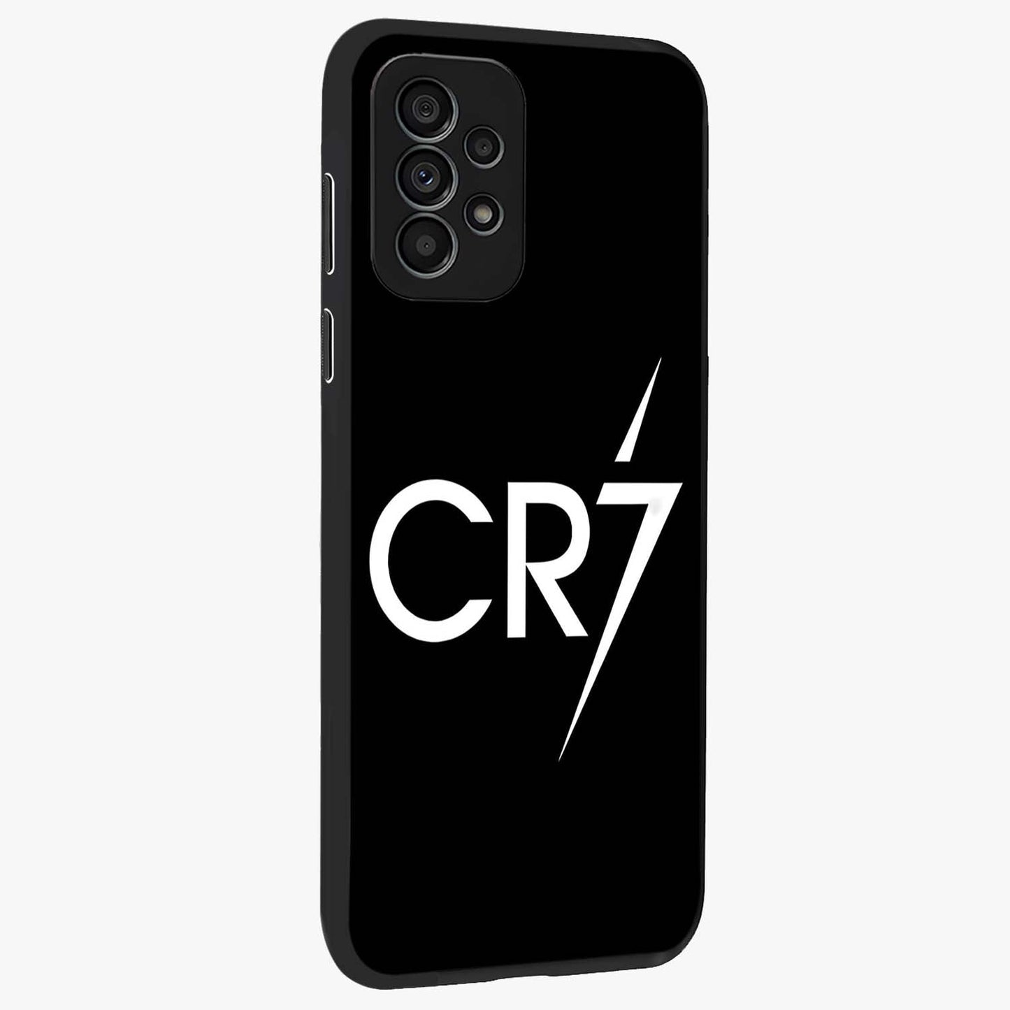 Cr7 Elite Strike Glass Case upright view showcasing energetic football inspired design with modern sports aesthetic.