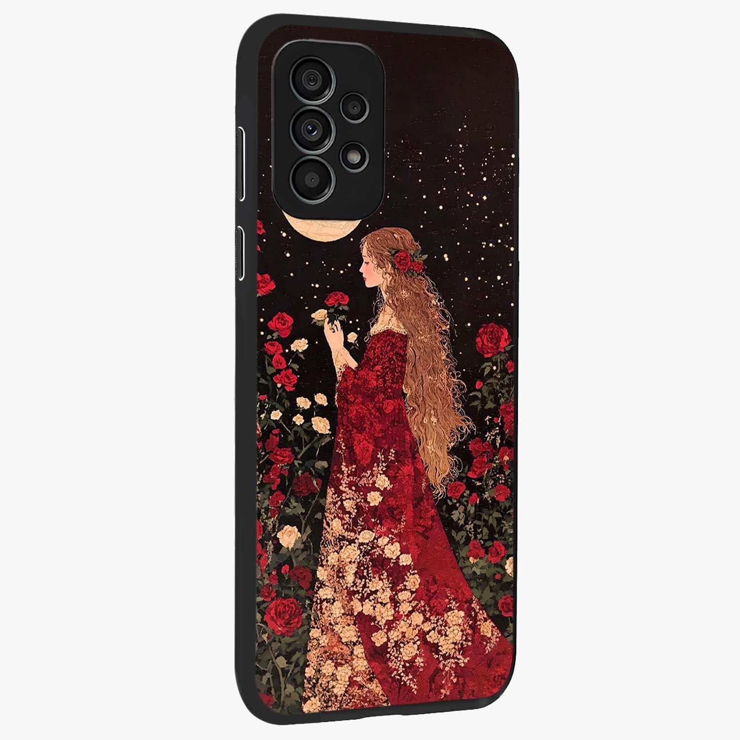 Crimson Dreams Glass Case upright view showcasing dreamy red toned artwork with modern aesthetic style.