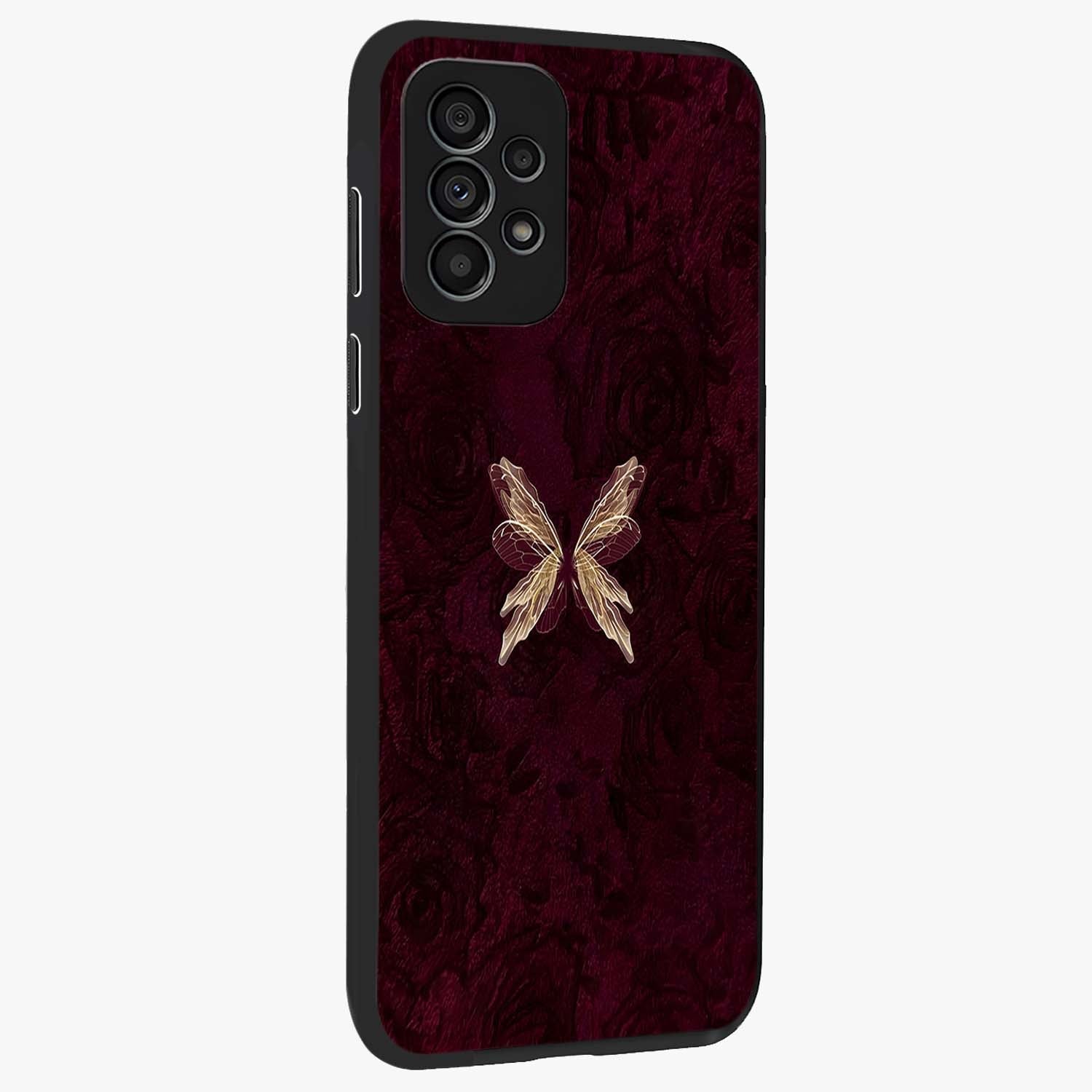 Crimson Fade Butterfly Glass Case upright view showcasing graceful butterfly artwork with soft crimson fade effect.