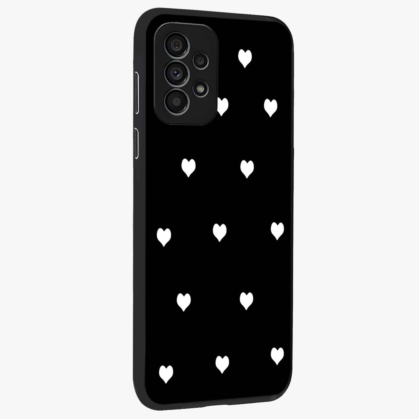 Cute And Simple White Hearts Glass Case upright view showcasing simple white hearts artwork with soft minimal theme.