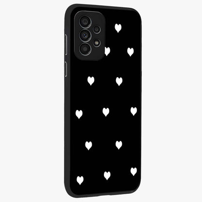 Cute And Simple White Hearts Glass Case upright view showcasing simple white hearts artwork with soft minimal theme.