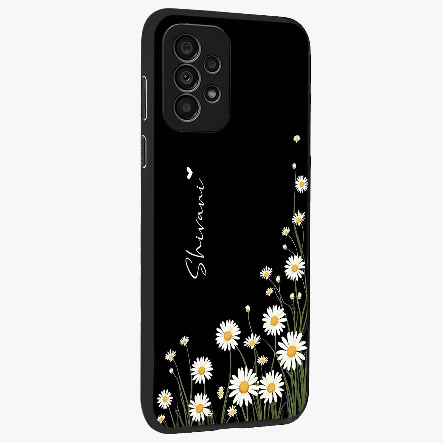 Daisy Cascade Custom Name Glass Case upright view showcasing elegant floral cascade design with personalized aesthetic.