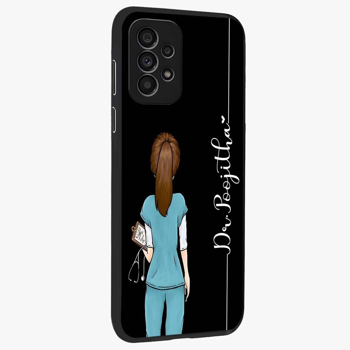 Doctor Pattern Custom Name Glass Case upright view showcasing healthcare themed design with personalized aesthetic.