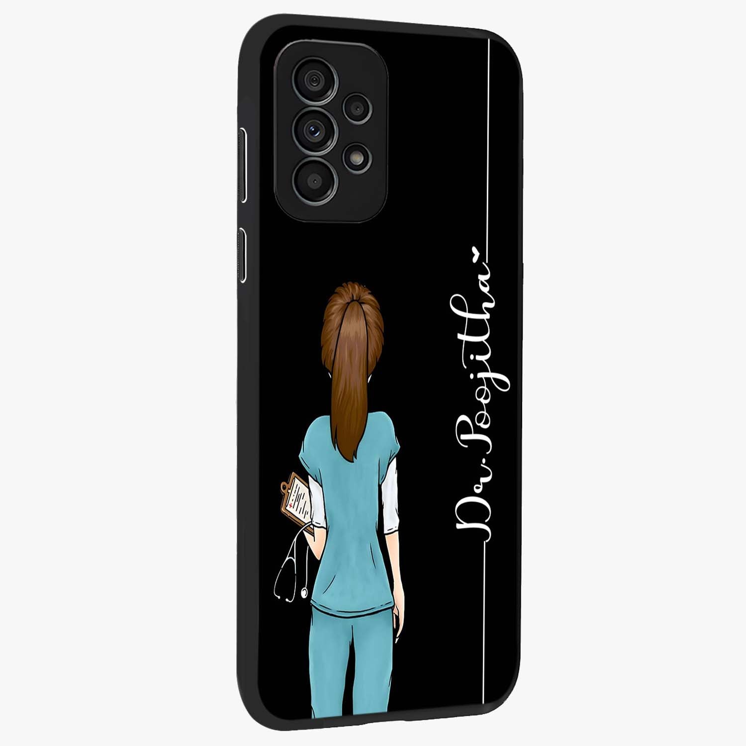 Doctor Pattern Custom Name Glass Case upright view showcasing healthcare themed design with personalized aesthetic.