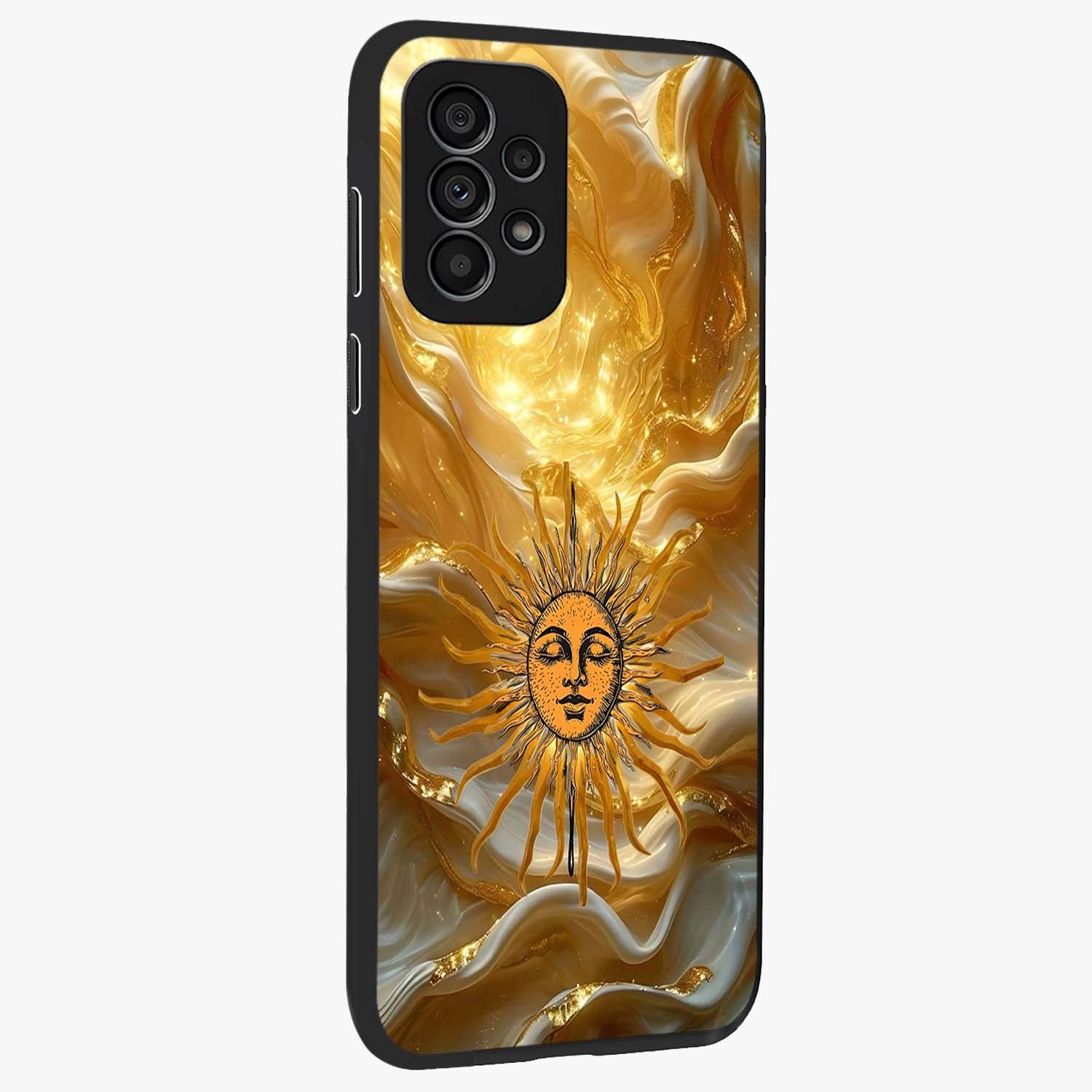 Eternal Golden Glow Glass Case upright view showcasing luminous golden artwork with luxurious visual theme.