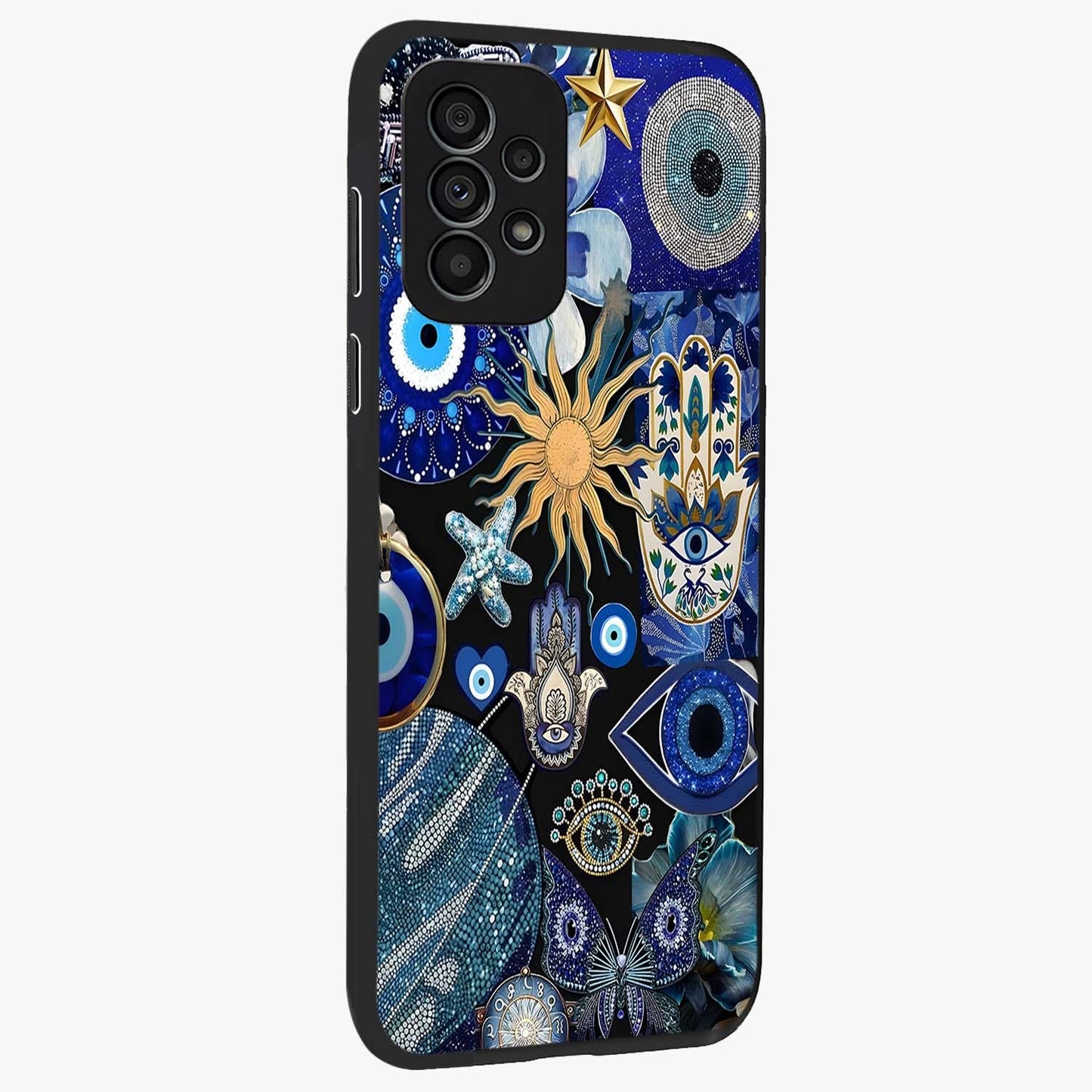 Evil Eye Charm Mix Glass Case upright view showcasing mystical evil eye pattern with vibrant decorative style.