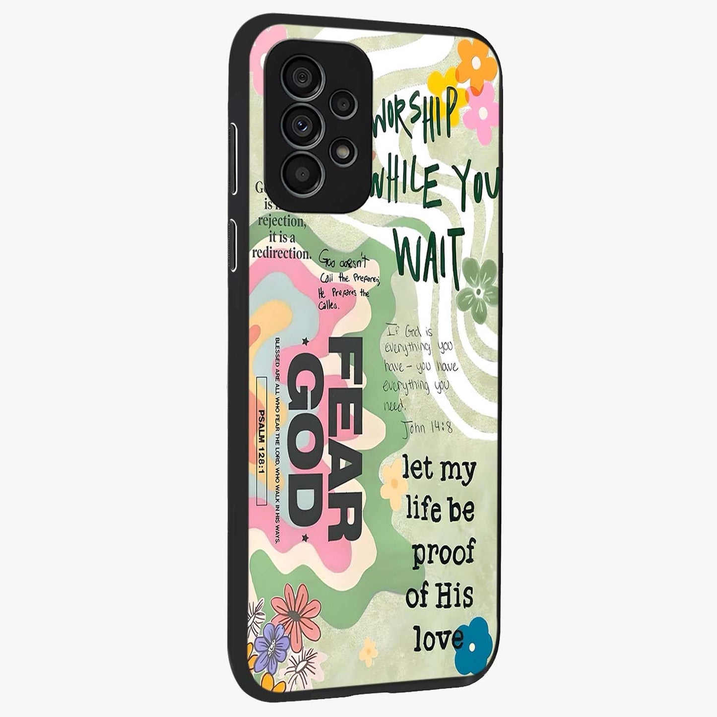 Faith Over Fear Glass Case upright view showcasing bold typography artwork with uplifting motivational theme.