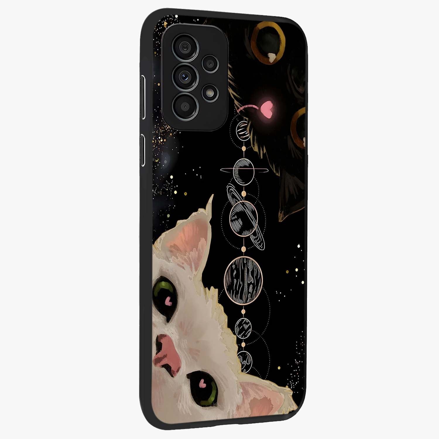 Galactic Cat Glass Case upright view showcasing mystical cat artwork with dreamy cosmic theme.