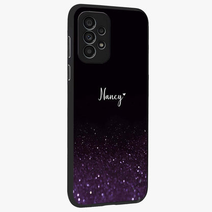Glittery Purple Bokeh Custom Name Glass Case upright view showcasing vibrant purple sparkle artwork with personalized aesthetic style.