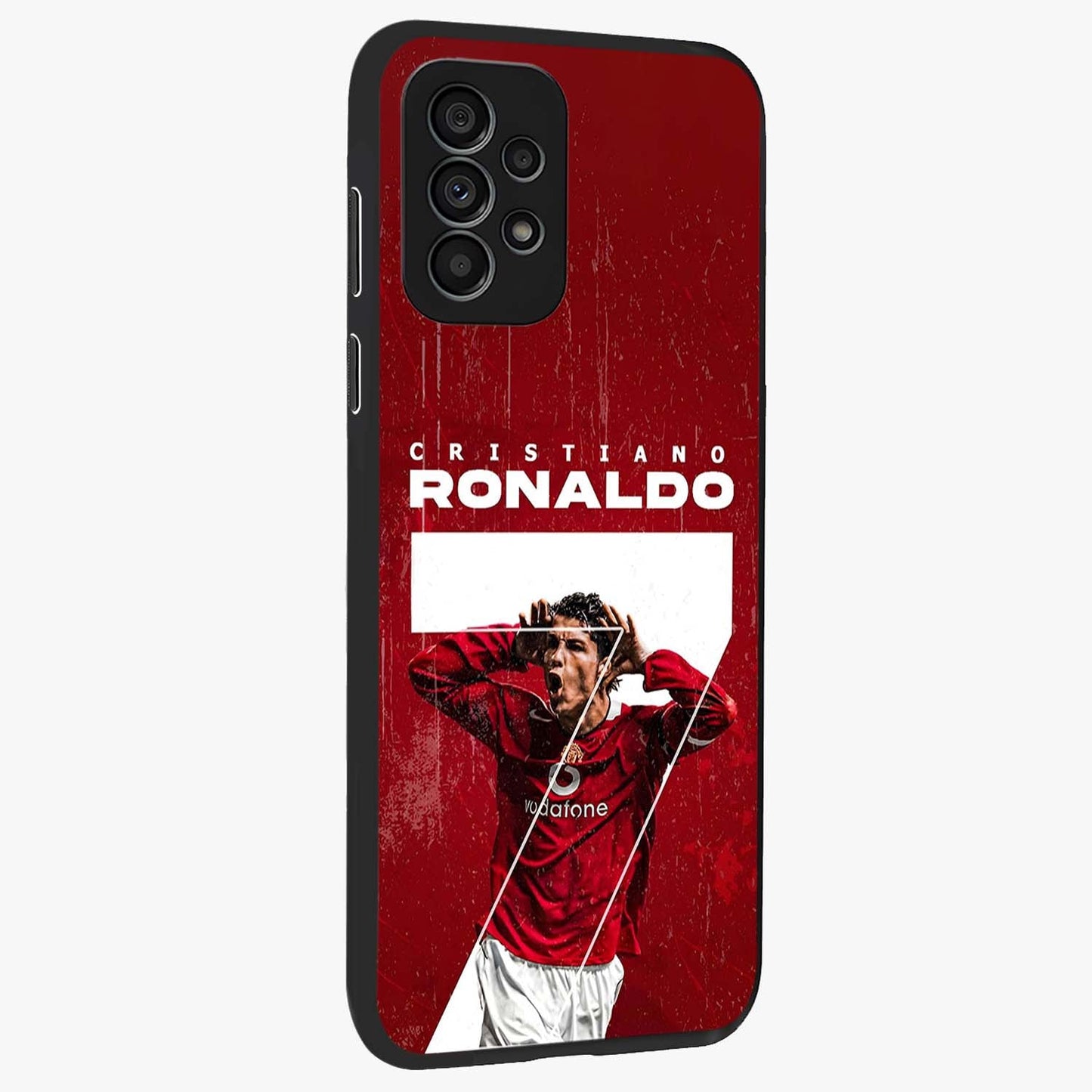 Goal Celebration Legacy Glass Case upright view showcasing dynamic football inspired artwork with victory celebration aesthetic.