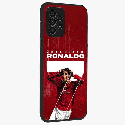 Goal Celebration Legacy Glass Case upright view showcasing dynamic football inspired artwork with victory celebration aesthetic.