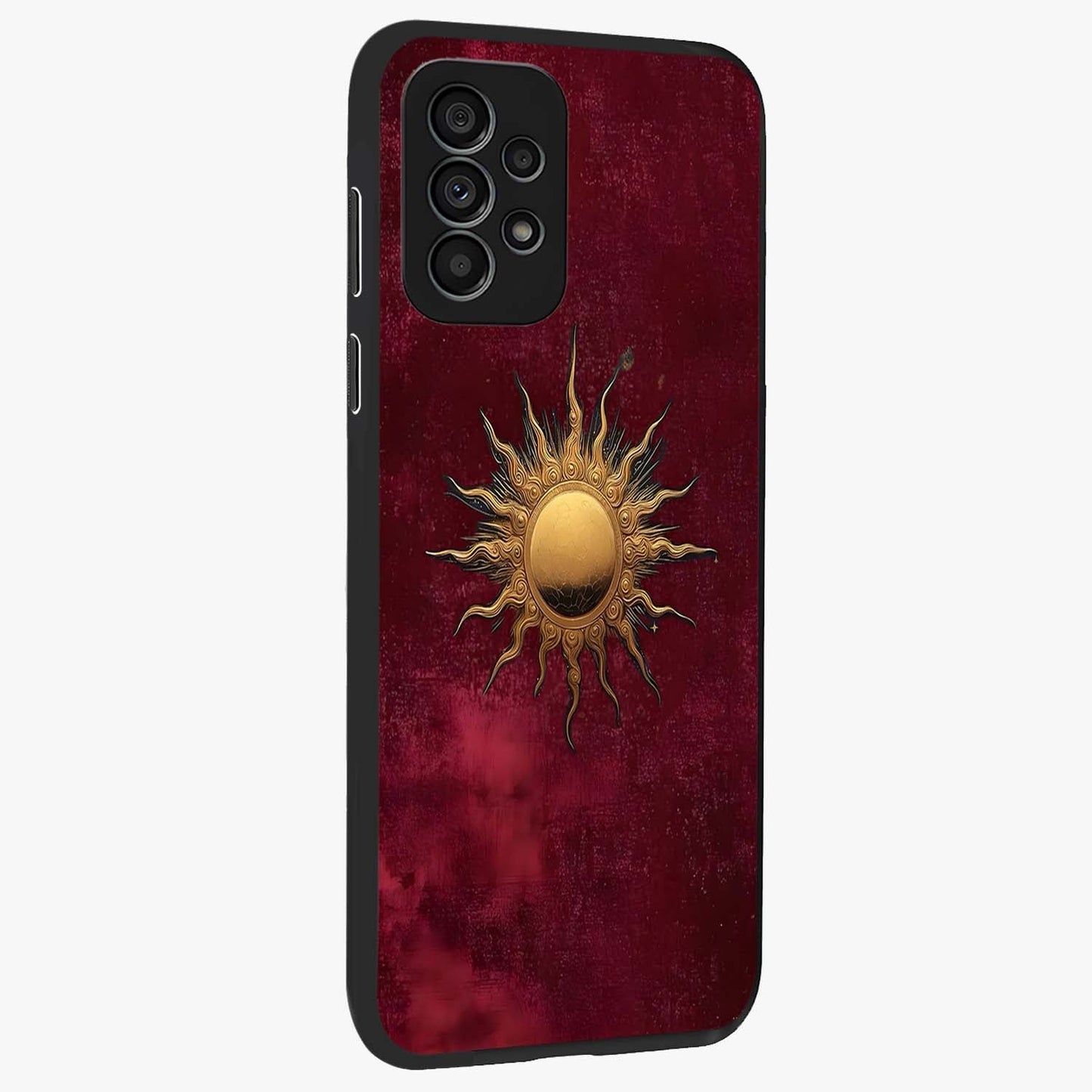 Golden Sun Minimalism Glass Case upright view showcasing simple golden sun artwork with elegant minimalist style.