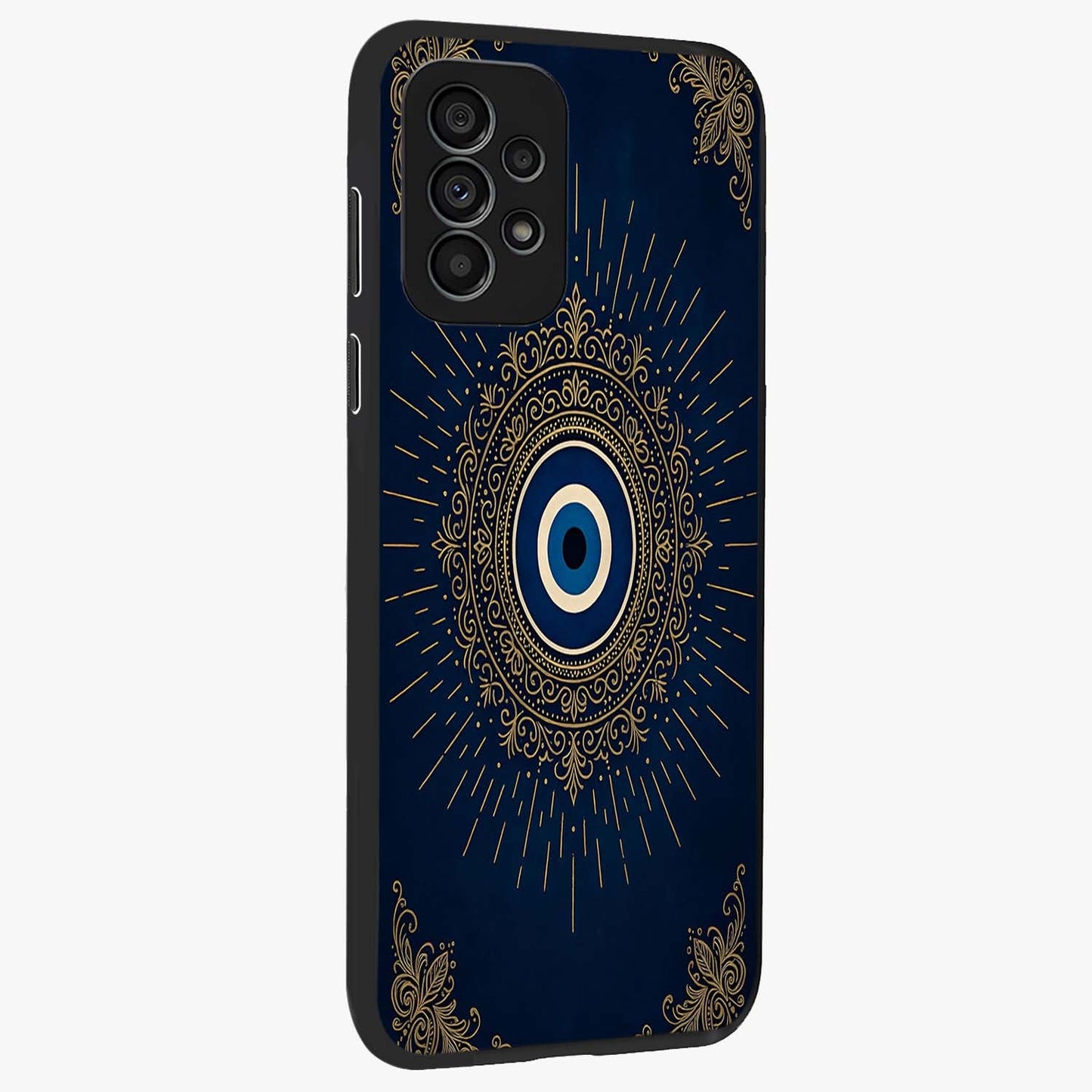 Golden Celestial Charm Glass Case upright view showcasing radiant celestial artwork with elegant golden theme.