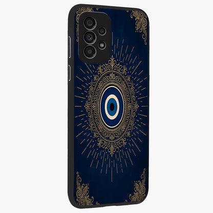 Golden Celestial Charm Glass Case upright view showcasing radiant celestial artwork with elegant golden theme.
