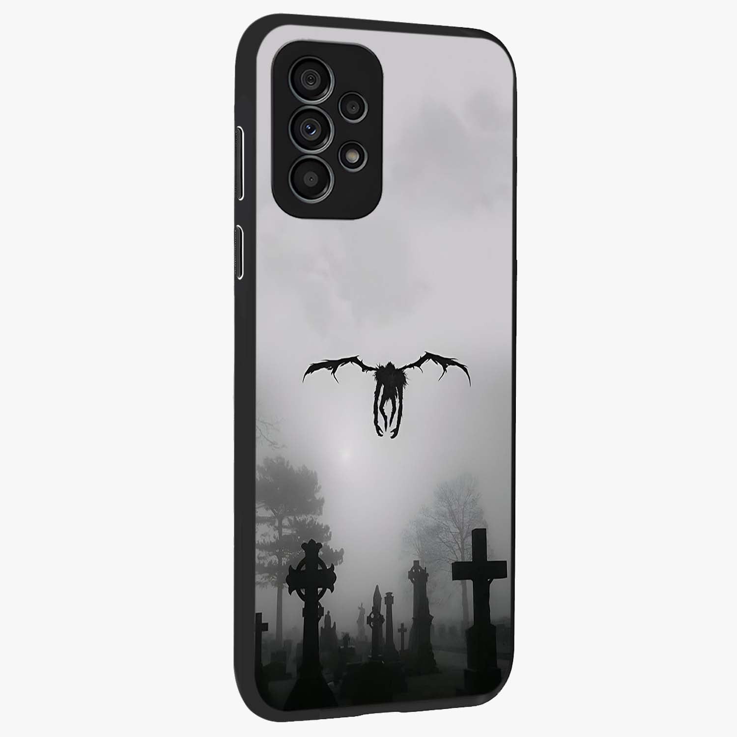 Graveyard Shadow Descent Glass Case upright view showcasing haunting graveyard artwork with dramatic dark theme.
