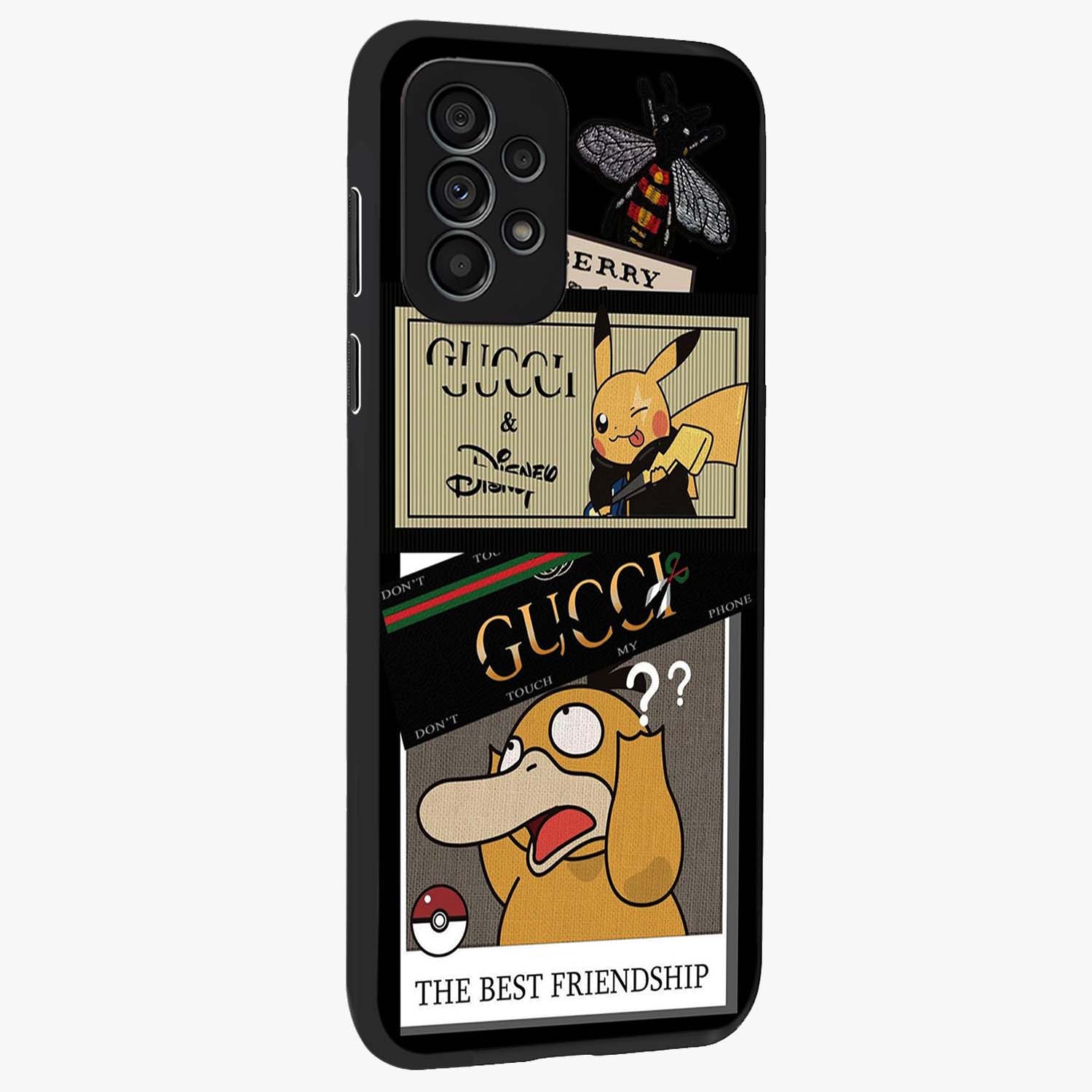 Gucci Play Mashup Glass Case upright view showcasing trendy luxury inspired artwork with modern fashion theme.